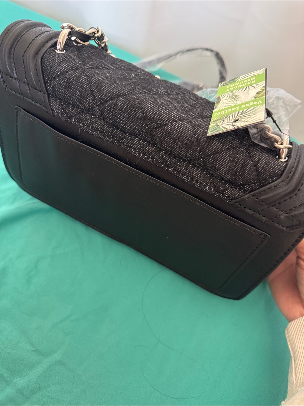 Badgley Mischka Black Quilted Chain-Handle Shoulder Bag with Pearl Accent - Picture 7 of 9
